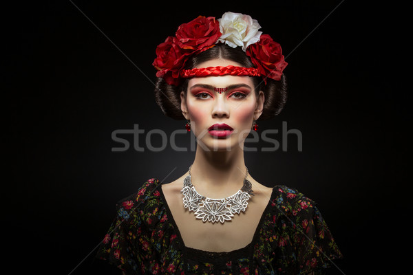 Stockfoto: Mooi · meisje · rode · lippen · bloemen · mooie · jonge · vrouw · heldere