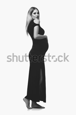 Foto stock: Hermosa · mujer · embarazada · embarazadas · largo · vestido · negro