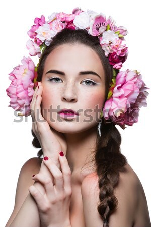 Beautiful girl with purple makeup and head piece Stock photo © svetography