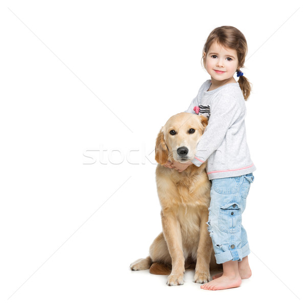 Kislány kutya gyönyörű ölel golden retriever kutyakölyök Stock fotó © svetography