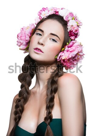 Beautiful girl with purple makeup and head piece Stock photo © svetography