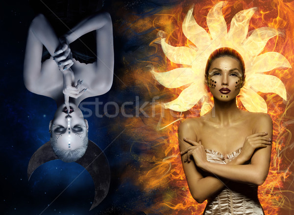 Lua sol meninas dois belo mulheres jovens Foto stock © svetography