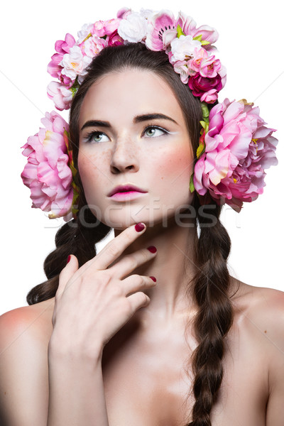 Beautiful girl with floral headphones Stock photo © svetography