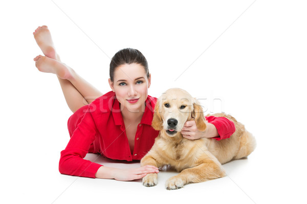 Meisje golden retriever hond mooie jonge vrouw jonge Stockfoto © svetography