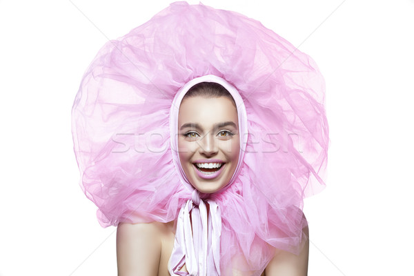 Beautiful happy girl with pink veil around head Stock photo © svetography