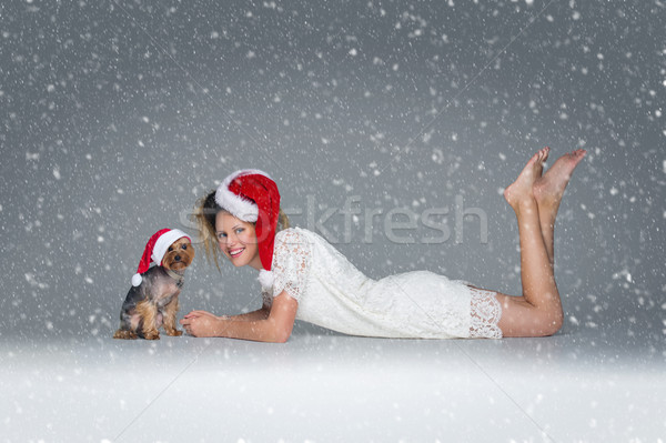 Beautiful girl with yorkie dog in santa cap Stock photo © svetography