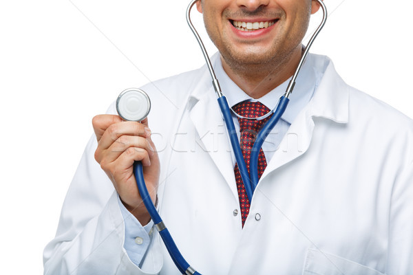 Foto stock: Médico · branco · robe · estetoscópio · feliz