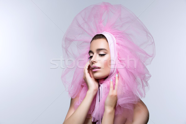 Gyönyörű lány bolyhos rózsaszín fejviselet gyönyörű fiatal nő Stock fotó © svetography