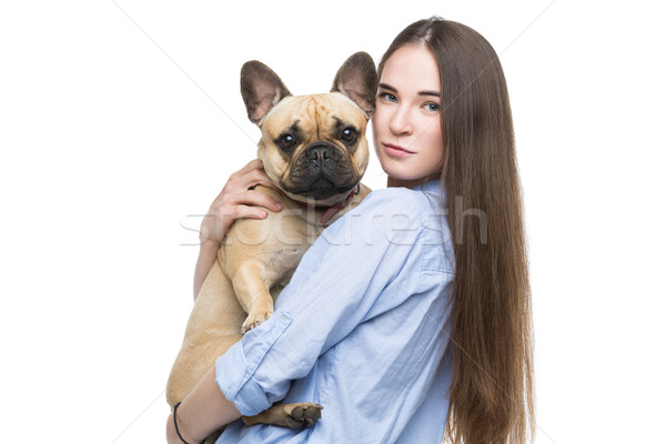 Piękna dziewczyna francuski bulldog piękna młoda kobieta Zdjęcia stock © svetography