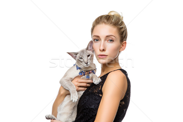 Mooi meisje kat mooie blond meisje Stockfoto © svetography