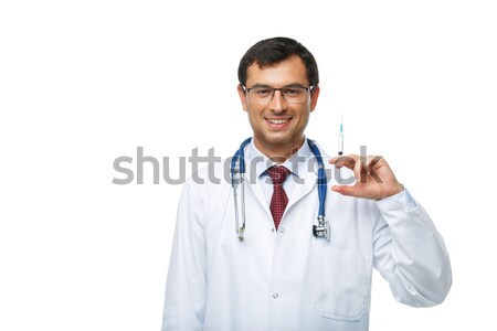 Foto stock: Médico · branco · robe · estetoscópio · feliz