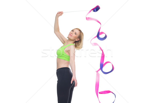 Femeie frumoasa sportiv exercita gimnastica panglică frumos Imagine de stoc © svetography