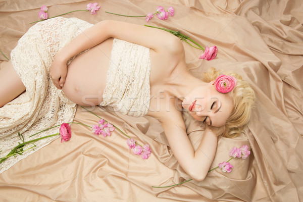 Foto stock: Adormecido · mulher · grávida · belo · jovem · renda · tecido