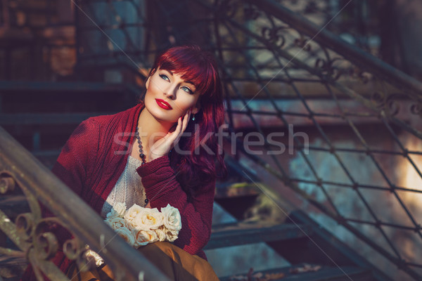Lány ül régi ház lépcsősor gyönyörű fiatal nő Stock fotó © svetography
