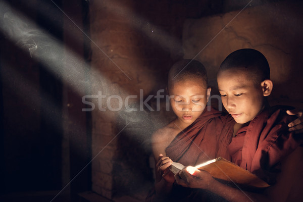 Buddhist novice monks reading in monastery Stock photo © szefei