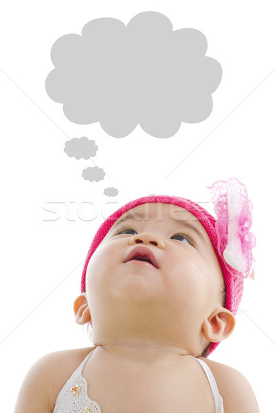Gondolatbuborék ázsiai kislány felfelé néz izolált fehér Stock fotó © szefei