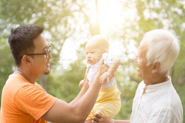 [[stock_photo]]: Asian · grand-père · père · petit-enfant · heureux · bébé