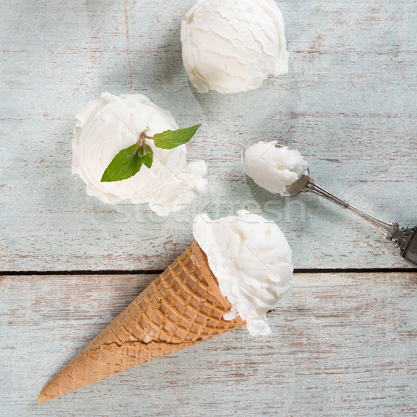 Coconut ice cream wafer cone top view Stock photo © szefei