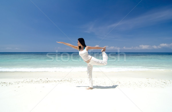 Jóga nő harcos pozició tengerpart égbolt Stock fotó © szefei
