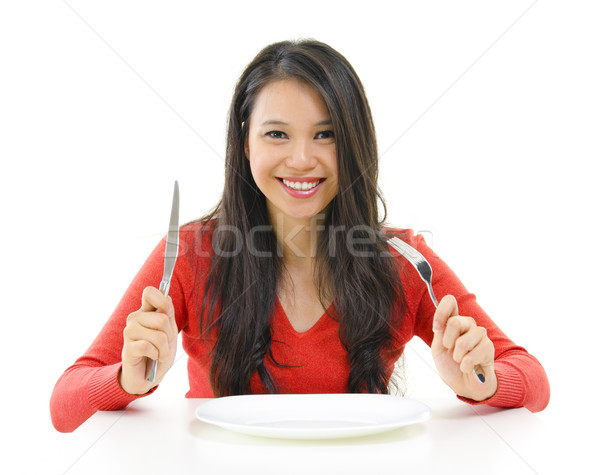 Dining halfbloed asian vrouw vork Stockfoto © szefei