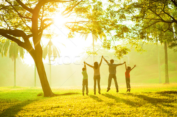 Asiatic familie distracţie vedere din spate vesel jumping Imagine de stoc © szefei