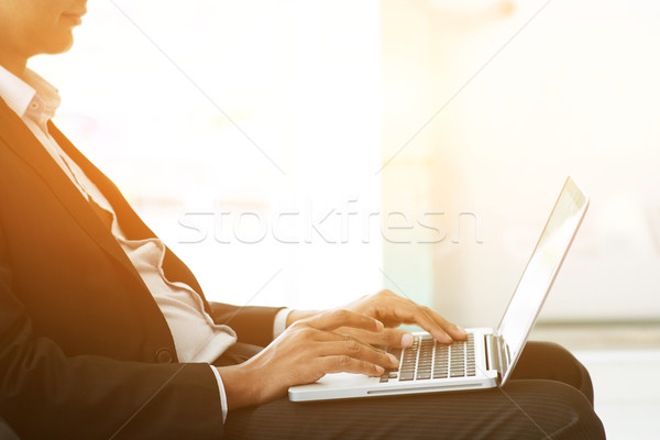 Stockfoto: Zakenlieden · laptop · zonsondergang · zakenman · vergadering · stoel