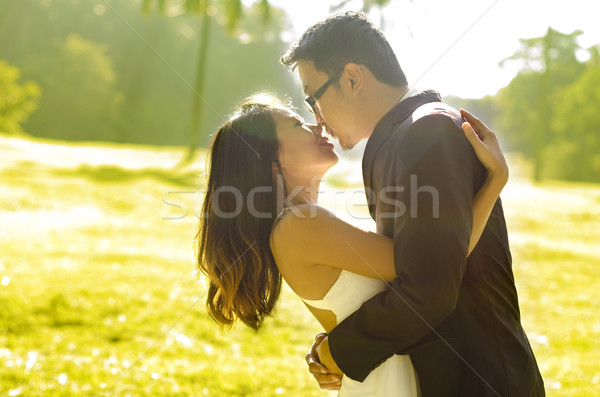 Kiss oblubienicy pan młody całując parku trawy Zdjęcia stock © szefei