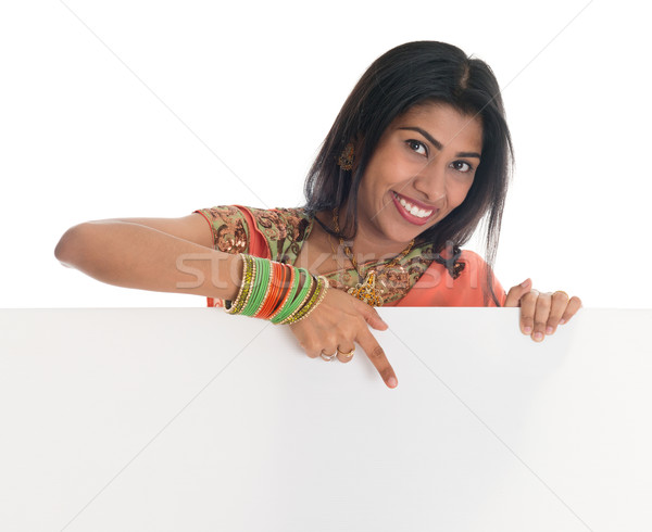 Stock photo: Indian woman holding blank white card