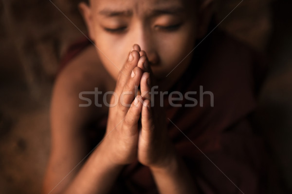 Buddhist novice monks praying in temple Stock photo © szefei