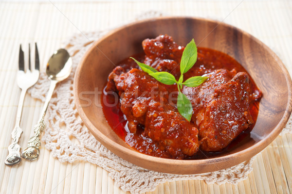 Indiai csirkés curry friss főtt edény fa Stock fotó © szefei
