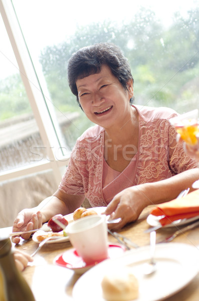 Foto stock: Senior · mulher · jantar · asiático · família