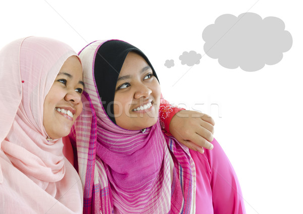Stock foto: Gedankenblase · zwei · muslim · Frauen · dachte · zusammen