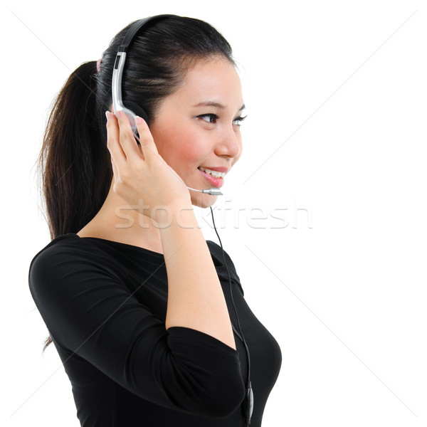 Telemarketing setul cu cască femeie costum negru call center Imagine de stoc © szefei