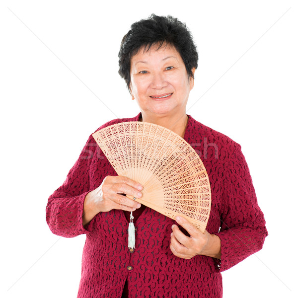 Stockfoto: Senior · vrouw · chinese · fan · traditioneel