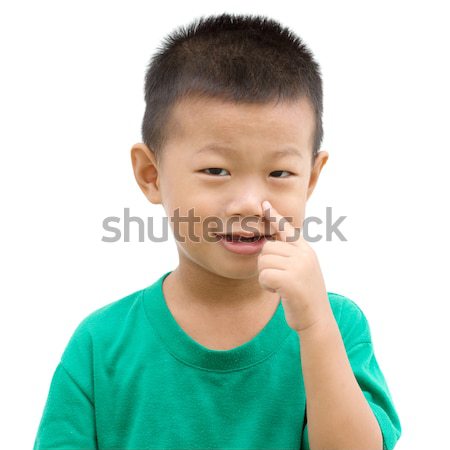 Asian child covered mouth looking away Stock photo © szefei