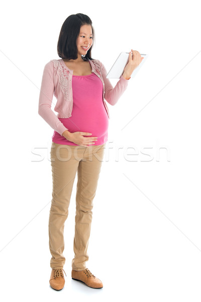 Stockfoto: Zwangere · asian · vrouw · tablet