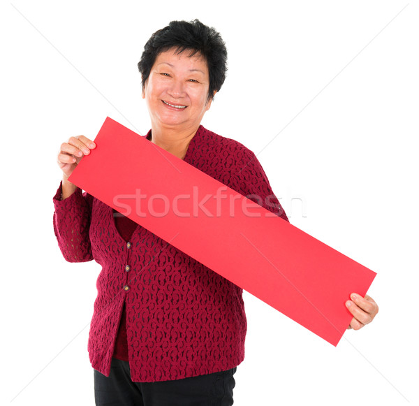 Stockfoto: Chinese · senior · vrouw · Rood · voorjaar · permanente