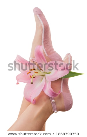 Imagine de stoc: Female Legs With Pink Lily Isolated On White Background