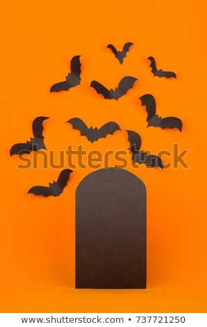 Сток-фото: Fun Halloween Orange Background With Blank Label And Bats Flock Mock Up