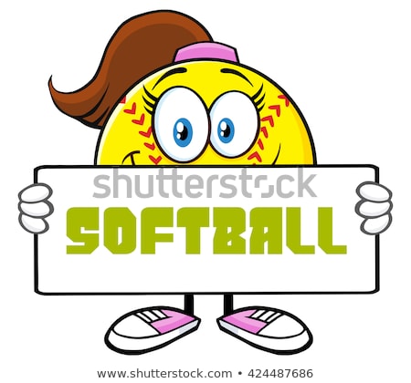 ストックフォト: Cute Softball Girl Cartoon Mascot Character Holding A Sign