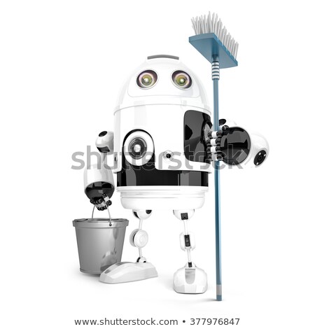 Stok fotoğraf: Robot Cleaner With Mop And Bucket In His Hands Isolated Contains Clipping Path