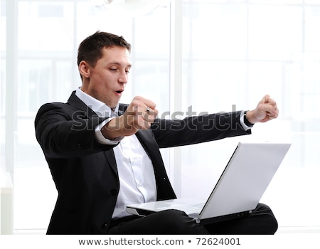 Zdjęcia stock: Happy Executive Raising Fists In Excitement In Front Of Laptop