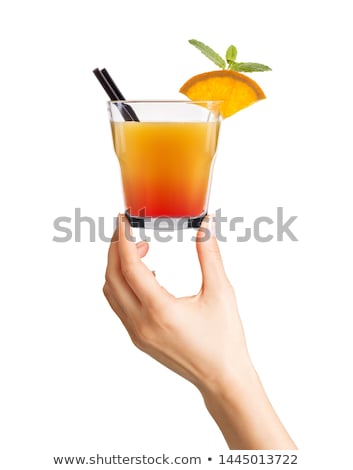 ストックフォト: Woman Hands Hold Cocktail Straw On Black Background