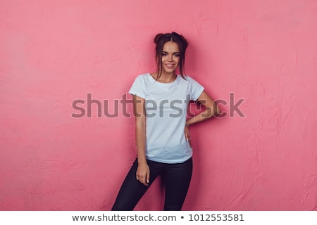 ストックフォト: Brunette Woman Wearing Blank Pink Shirt