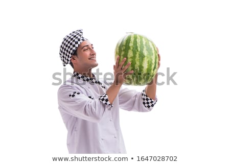 [[stock_photo]]: The Young Male Cook With Watermelon Isolated On White