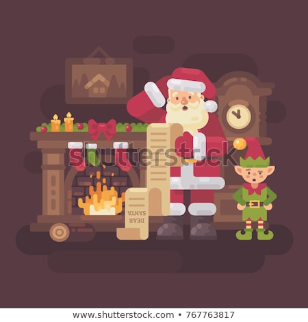 Stock foto: Confused Santa Claus And Elf Reading A Very Long Kids Letter In