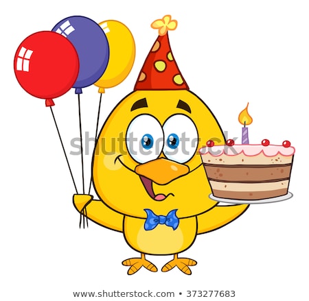 Foto stock: Yellow Chick Cartoon Character Wearing A Party Hat And Holding Balloons And A Birthday Cake