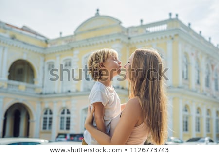 Stock fotó: Mom And Son On Background Of Old Town Hall In George Town In Penang Malaysia The Foundation Stone