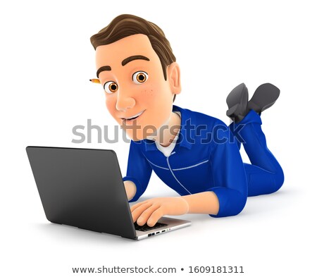 3d Mechanic Lying On The Floor And Using Laptop Zdjęcia stock © 3dmask