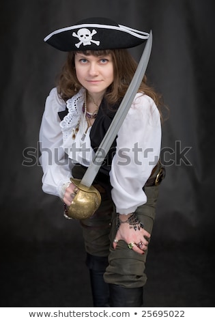 Stockfoto: Portrait Of Woman In Pirate Hat With Sabre In Hands